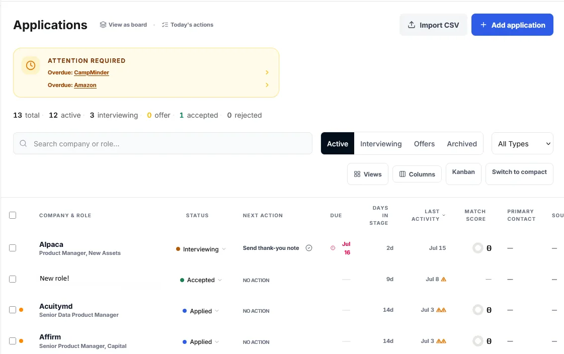 SearchSteward Applications pipeline — a table of tracked applications with status (Interviewing, Applied, Accepted), next action, due date, and match score per row.