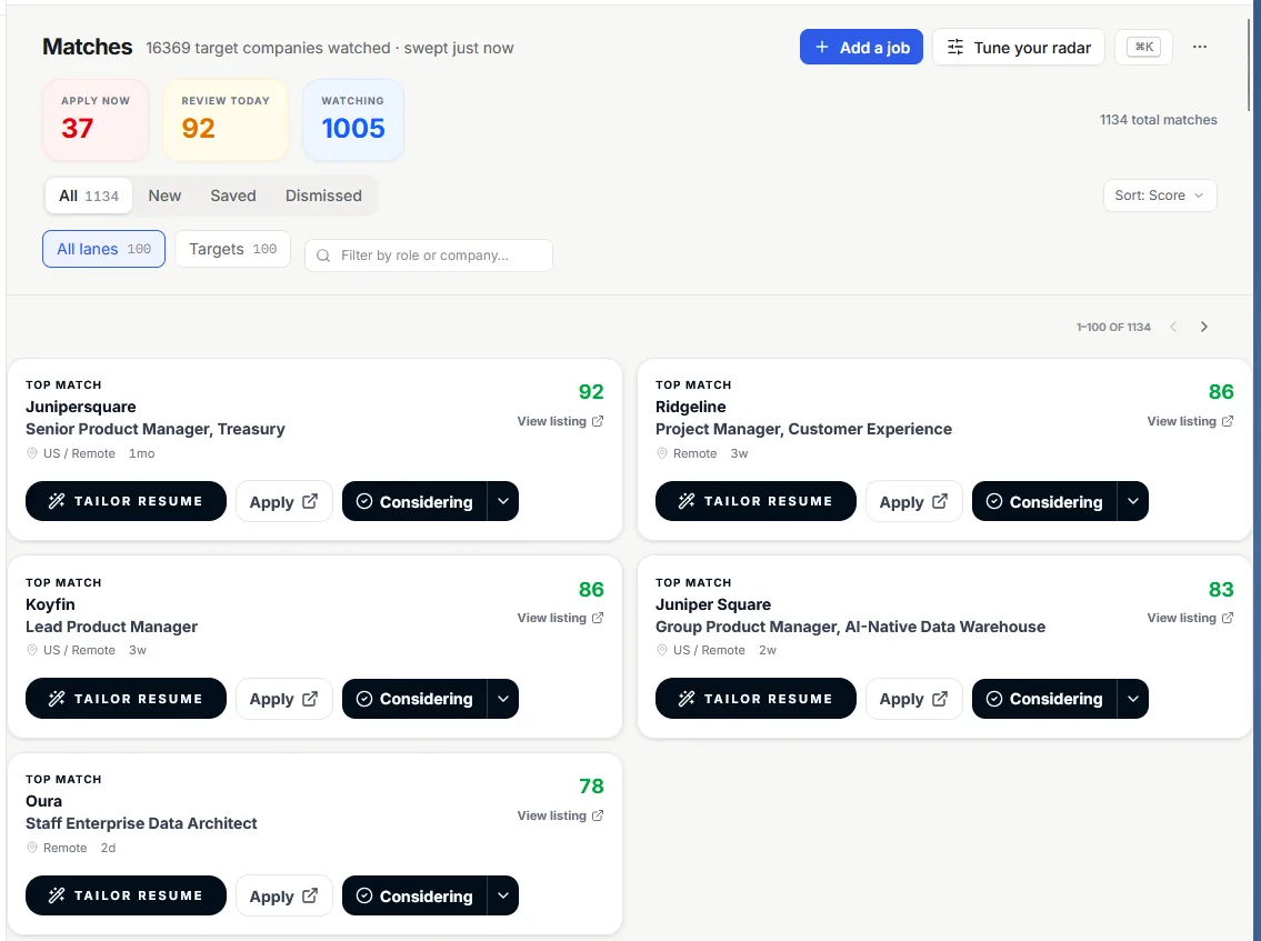 SearchSteward Matches screen — 16,369 companies watched, with job cards each showing a 0–100 fit score (92, 86, 83) plus Tailor Résumé, Apply, and Considering actions.